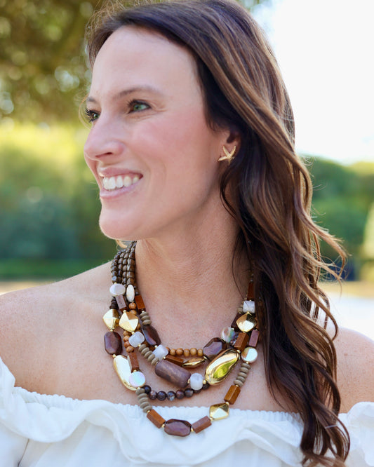 Pescara Layered Wood Bead Necklace Brown