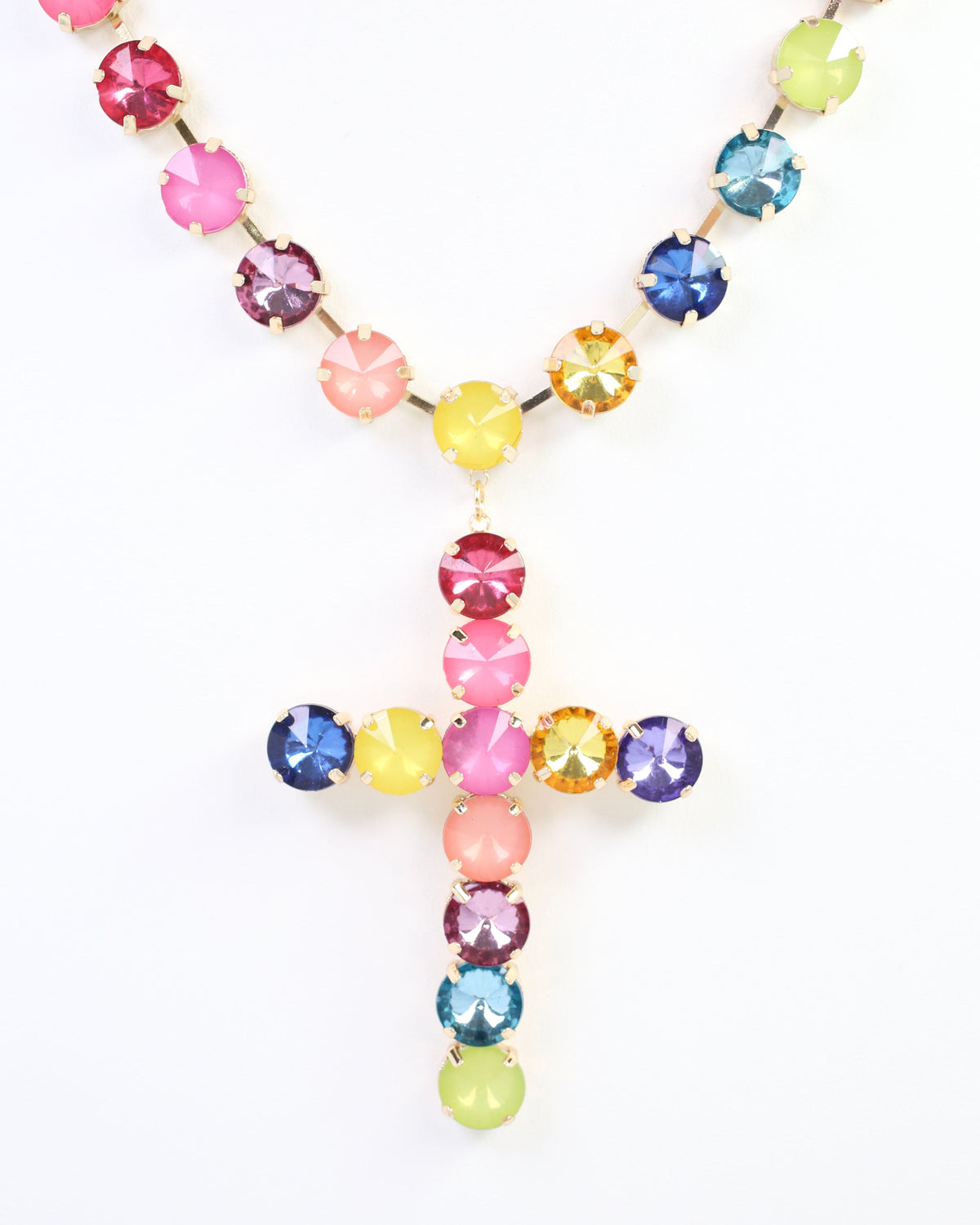 Shalimar Medium Cross Rhinestone Necklace Rainbow