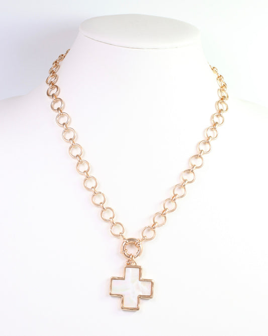 Scone Mother of Pearl Cross Necklace Worn Gold