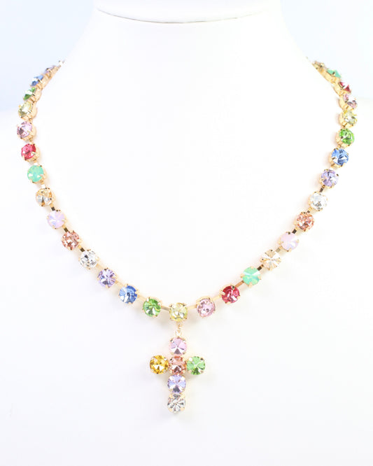 Melville Crystal Cross Necklace Lavender Multi