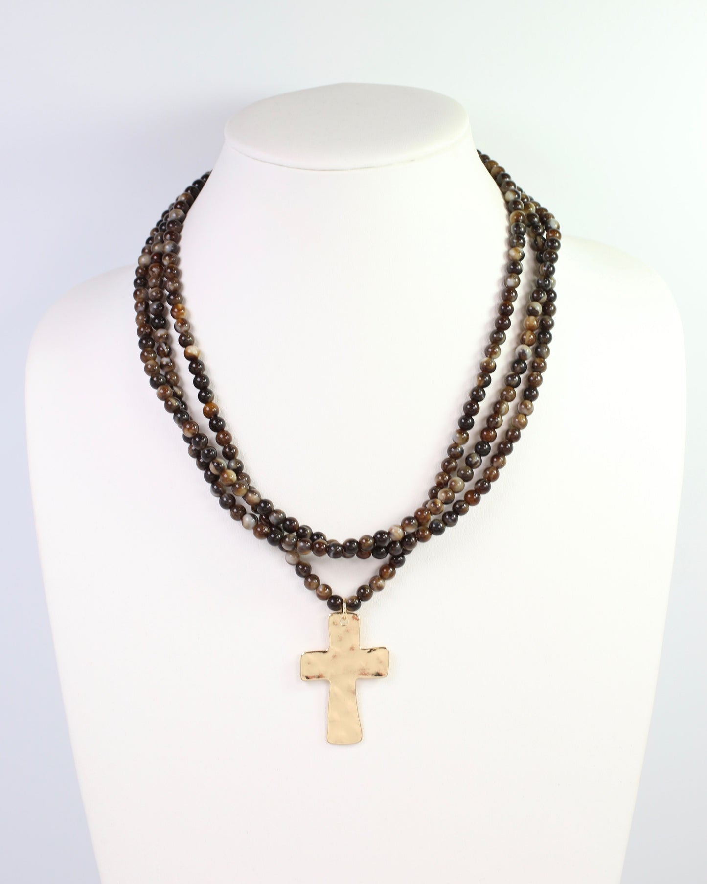 Barstow Layered Beaded Cross Necklace Brown