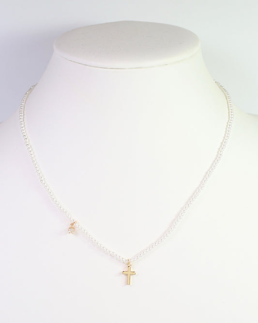 Kalispell Pearl Beaded Necklace with Cross Cream