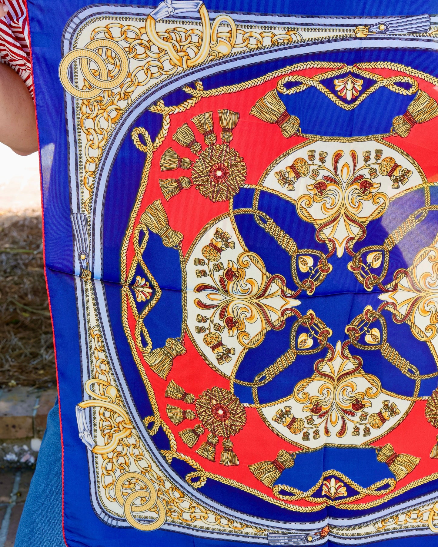 Trellis Tassel Scarf Red Navy