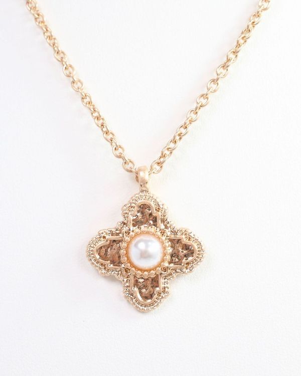 Paulina Pearl Cross Necklace Gold