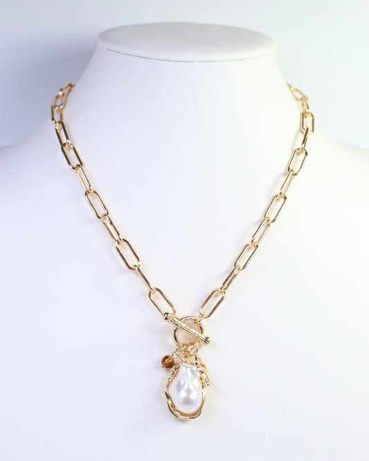 Renmark Pearl Cross Toggle Necklace Gold
