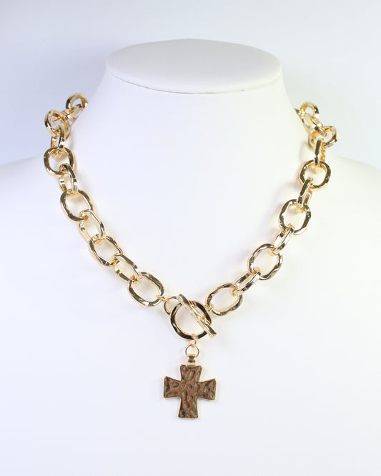 Athena Hammered Cross Toggle Necklace Gold