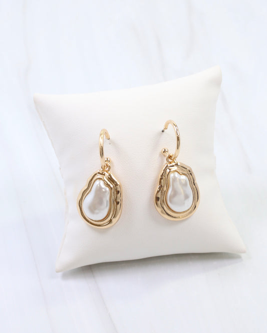 Betsy Baroque Pearl Huggie Hoop Earring Gold