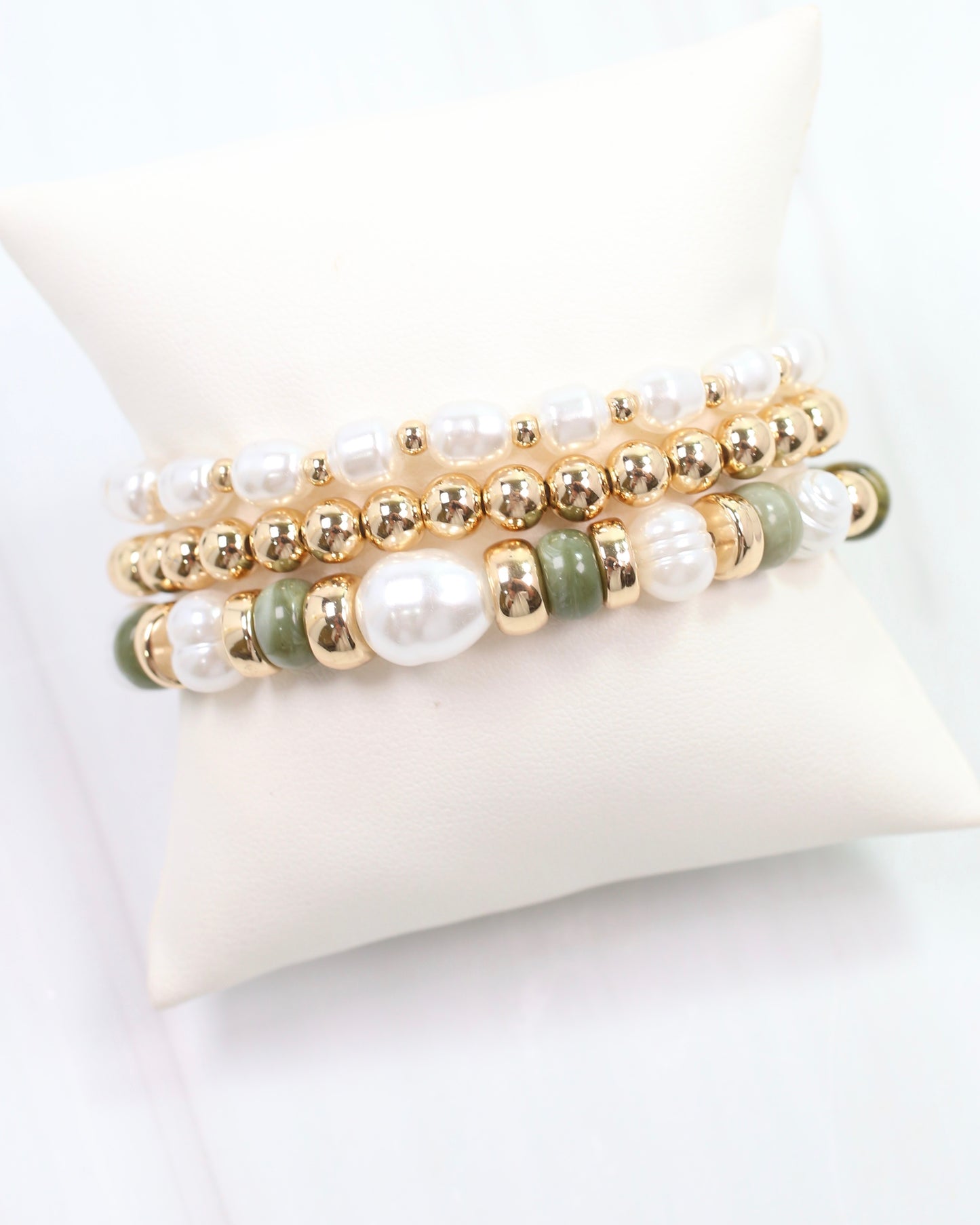 Bowie Bead and Pearl Stretch Bracelet Set Olive