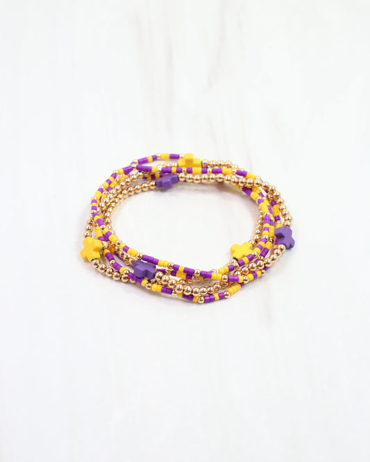 Felicity Beaded Cross Bracelet Set Purple Gold
