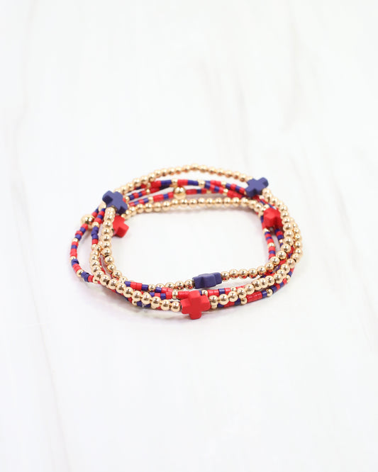 Felicity Beaded Cross Bracelet Set Red Navy