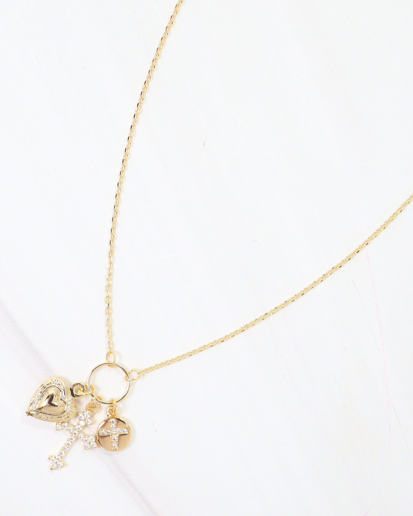 Janice Cross and Heart Charm Necklace Gold