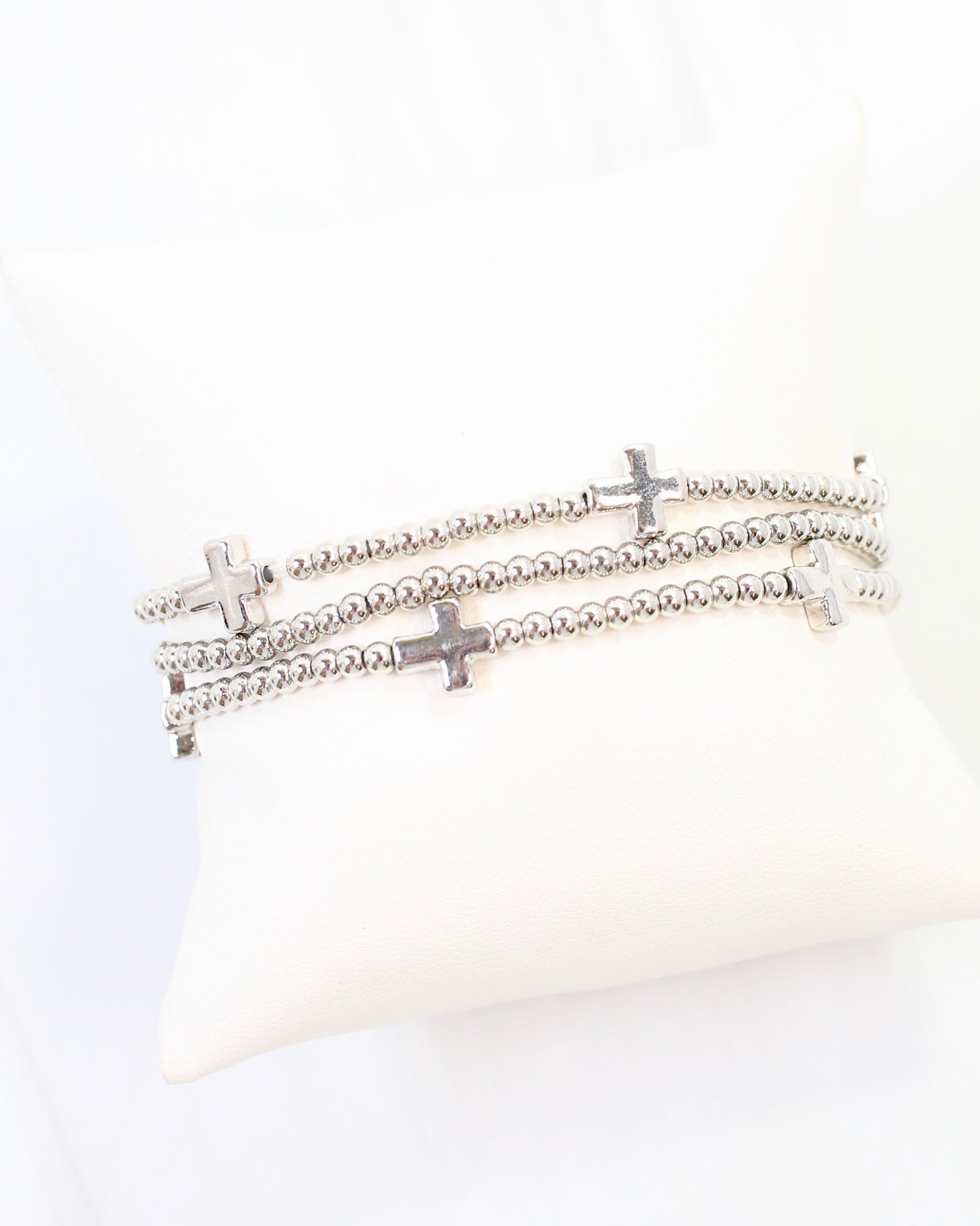 Kendall Beaded Cross Stretch Bracelet Set Silver