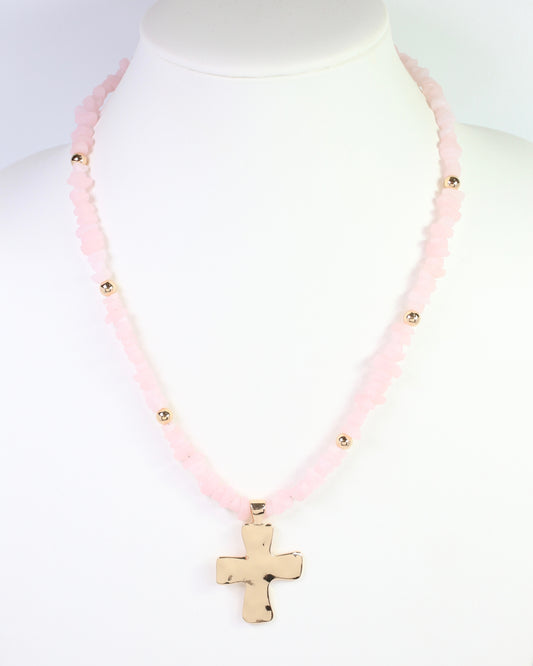 Holland Beaded Cross Necklace Light Pink