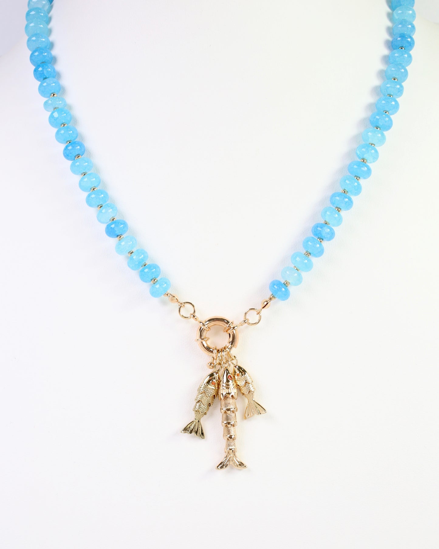 Saranac Marble Bead Fish Charm Necklace Blue