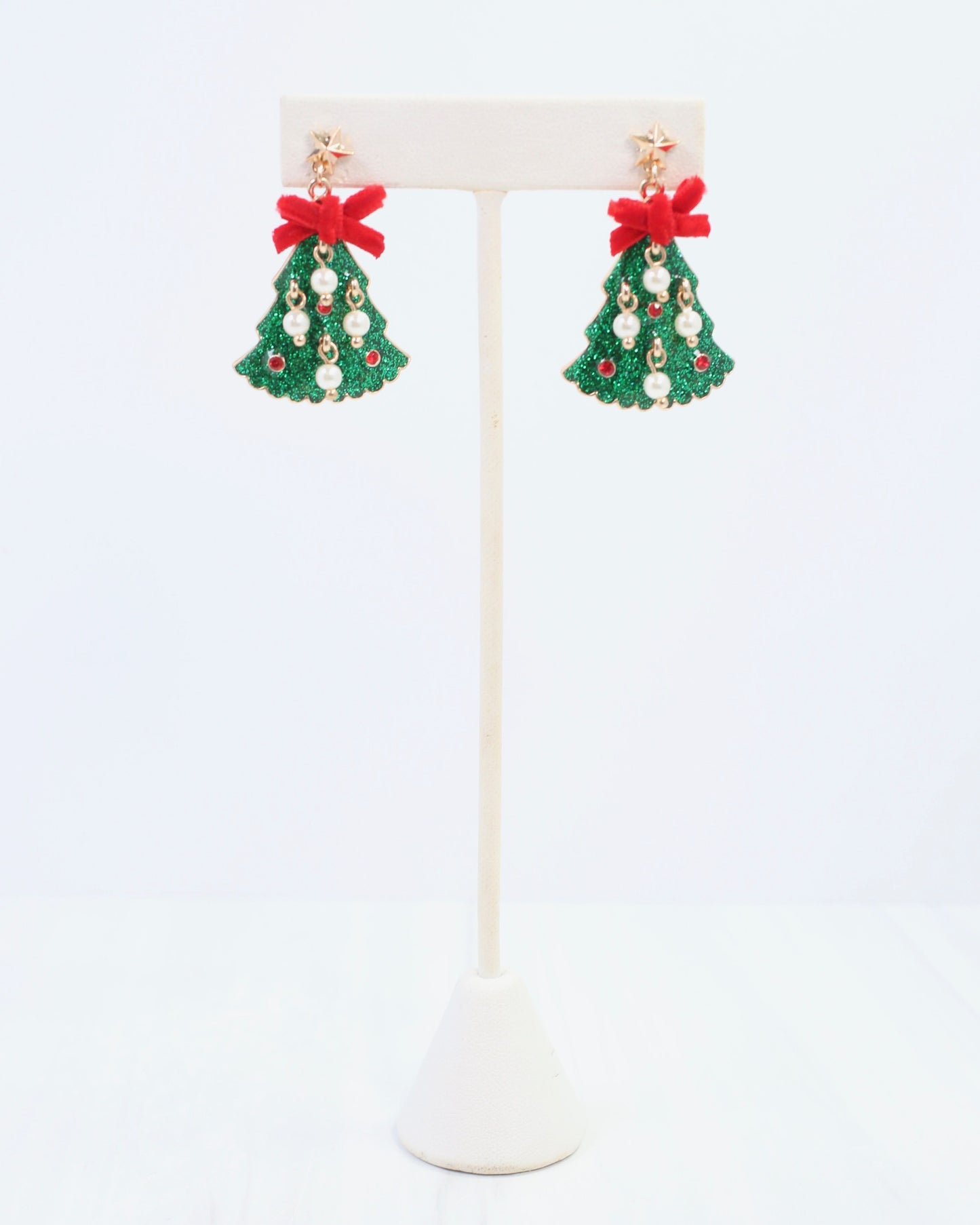Christmas Tree Earring with Bow and Pearls Green