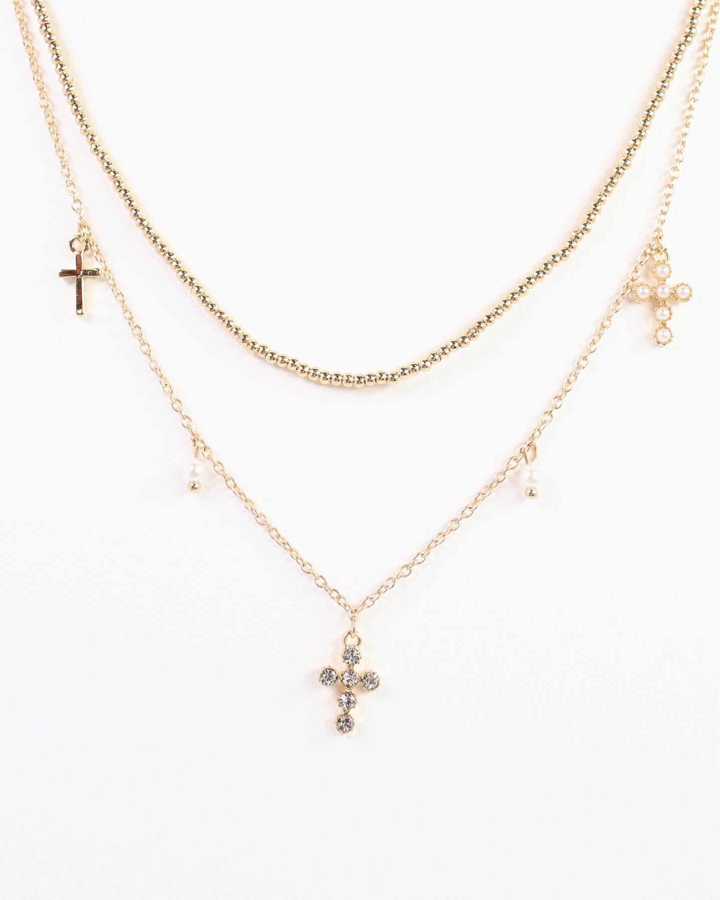 Maya Cross and Pearl Charm Necklace Gold