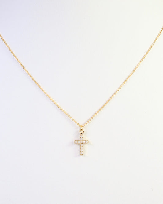 Corinth Pearl Cross Necklace Gold