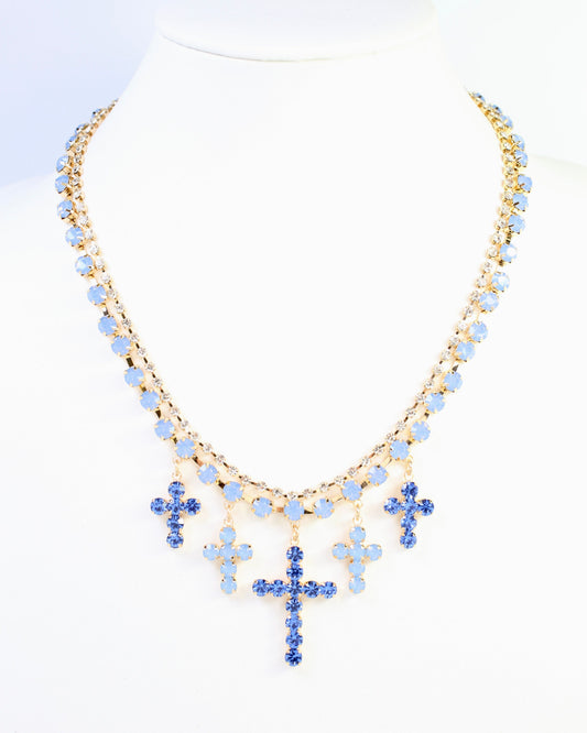 Jenna Multi Cross Rhinestone Necklace Sapphire