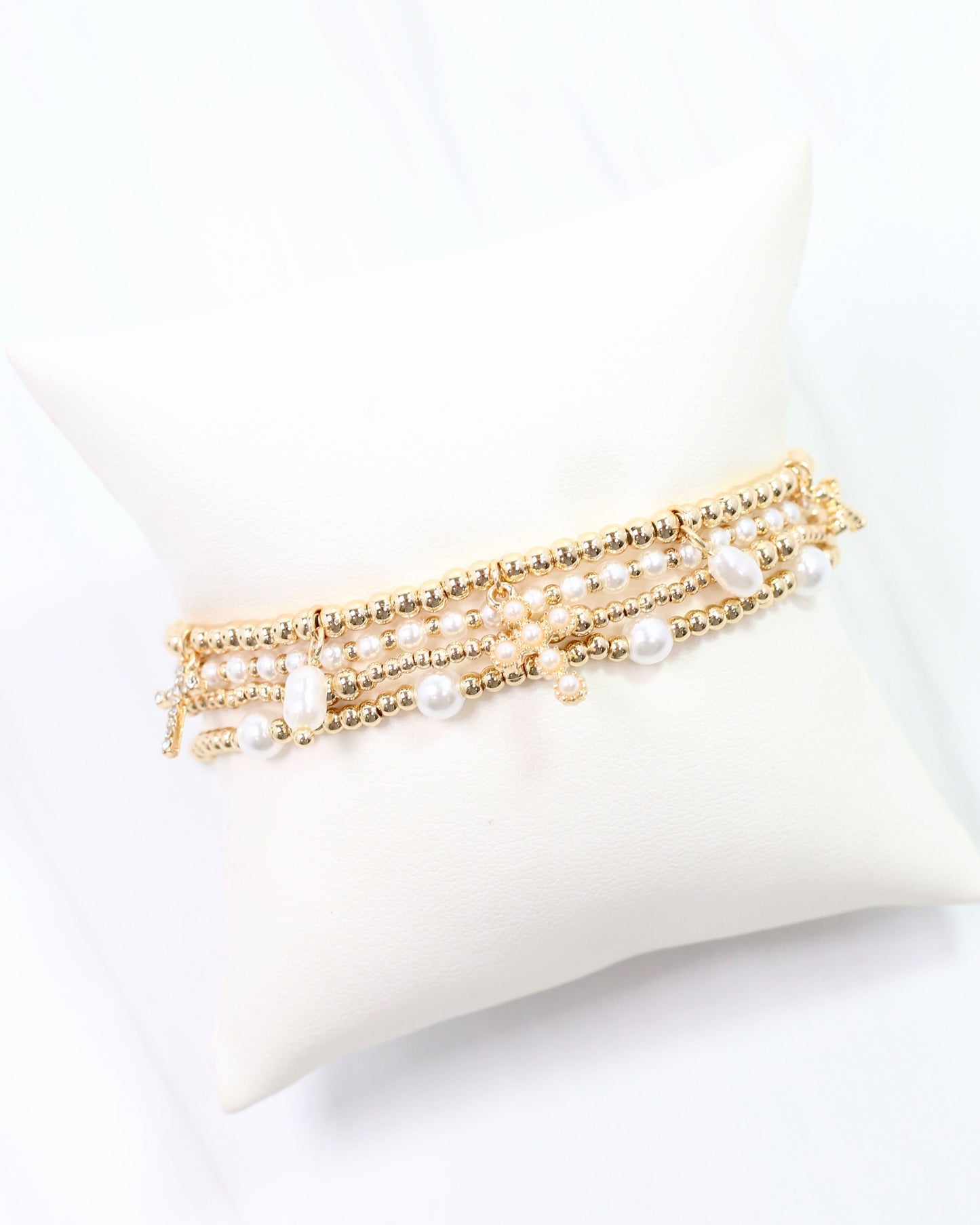 Olympia Pearl and Cross Stretch Bracelet Set Gold