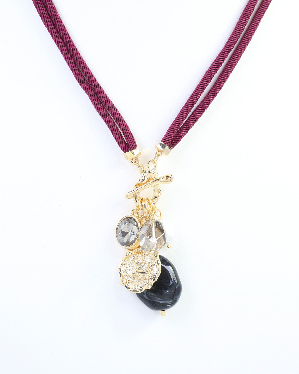 Maritza Coin and Stone Cord Necklace Burgundy