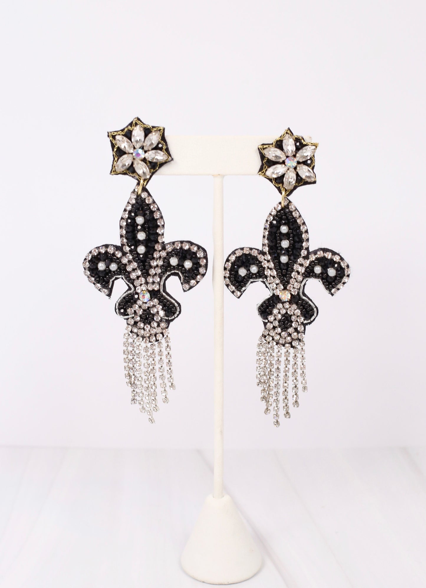 CZ Fringe Fleur de Lis Earring BLACK