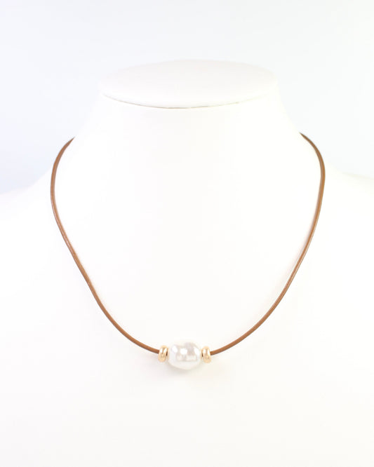 Leila Baroque Pearl Leather Cord Necklace Brown