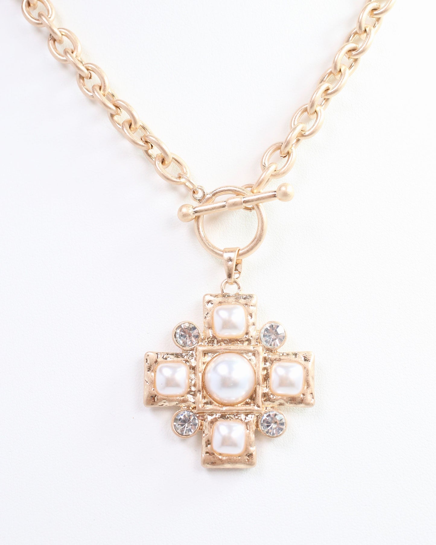 Elizabet Pearl Cross Necklace Worn Gold