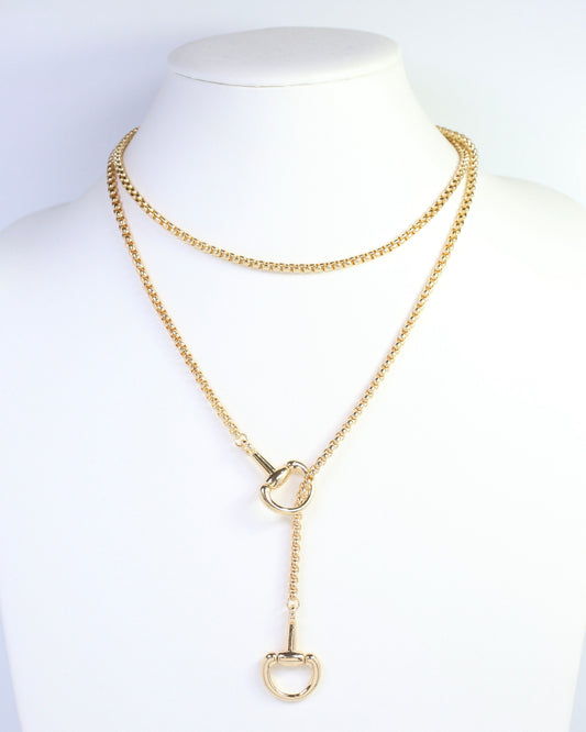 Ellen Horsebit Long Lariat Chain Necklace Gold