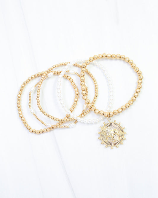 Carmen Coin Beaded Bracelet Set Standing Dog Worn Gold