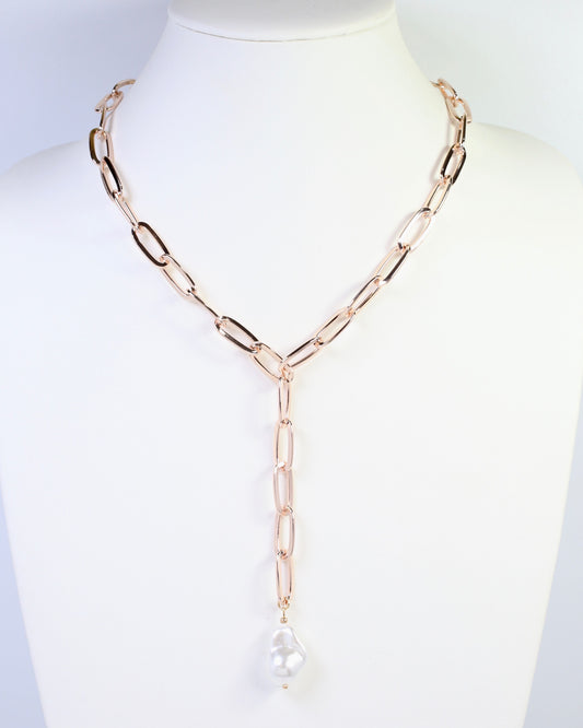 Olean Baroque Pearl Link Y Necklace Gold