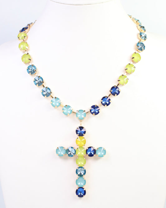 Shalimar Medium Cross Rhinestone Necklace Blue Lime
