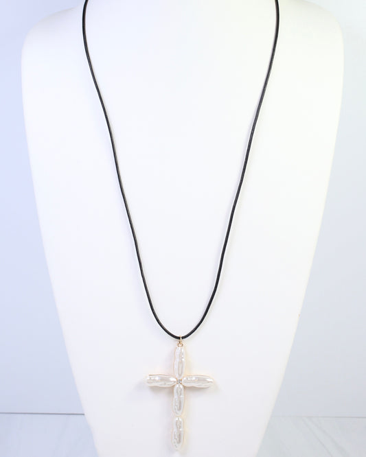 Charlotte Pearl Cross Long Cord Necklace Cream