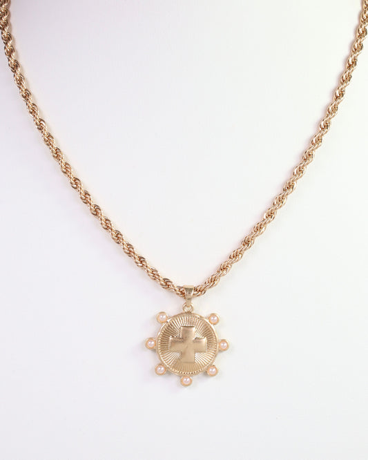 Penrith Cross Coin Necklace Worn Gold
