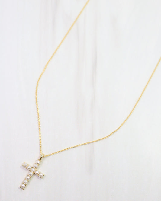 Erica Pearl Cross Necklace WR Gold
