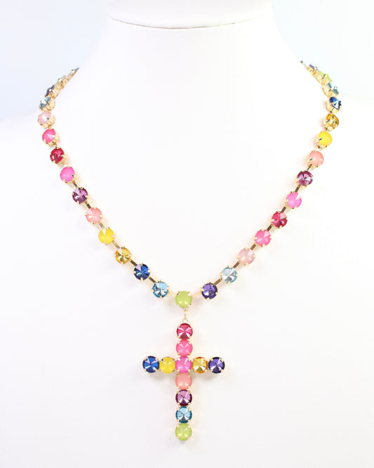 Shalimar Small Cross Rhinestone Necklace Rainbow