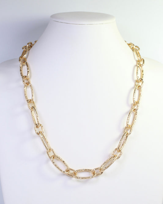 Aleah Hammered Oval Link Necklace Worn Gold