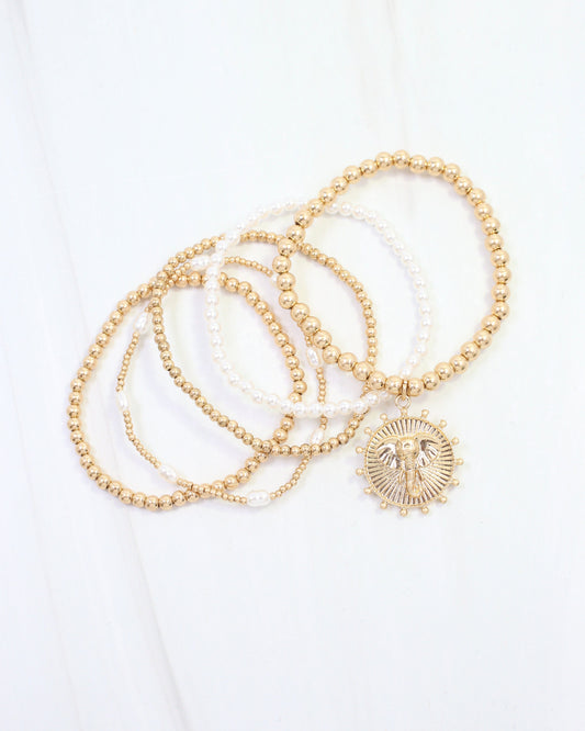 Carmen Coin Beaded Bracelet Set Elephant Worn Gold