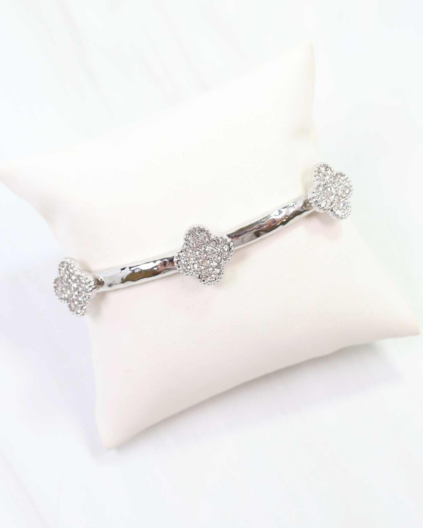 Dion CZ Clover Stretch Bracelet Silver
