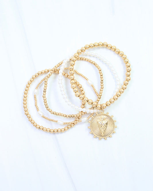 Carmen Coin Beaded Bracelet Set Arrow Worn Gold