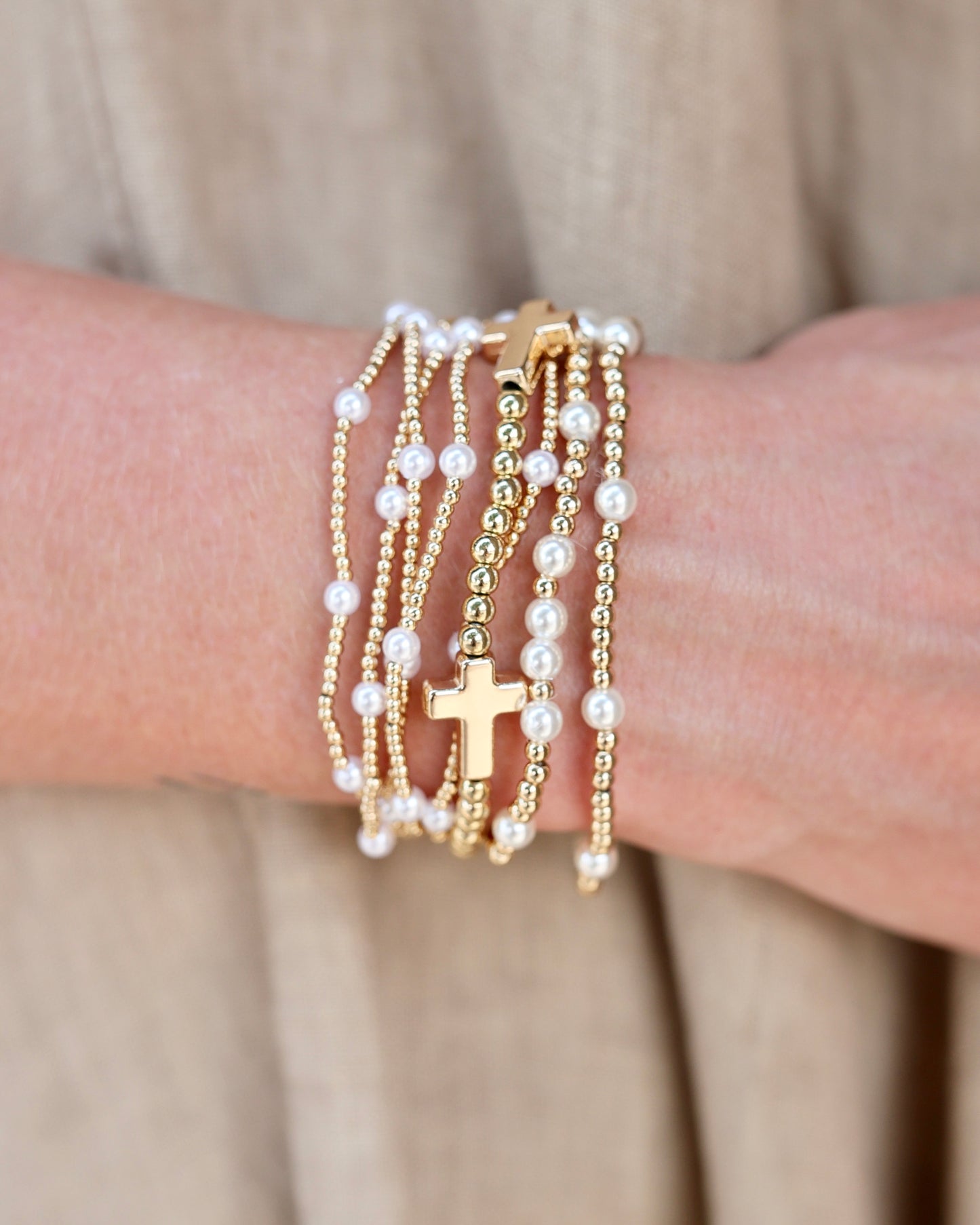 Pearl and Cross Stretch Bracelet Bundle