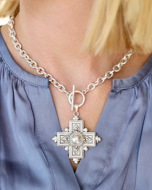 Opelika Cross Pendant Necklace Worn Silver