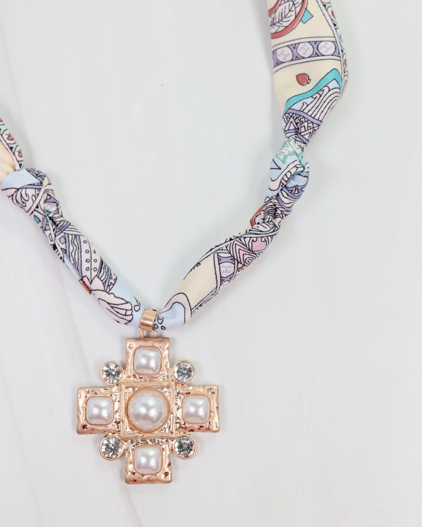 Trina Scarf Necklace with Cross Charm Ivory