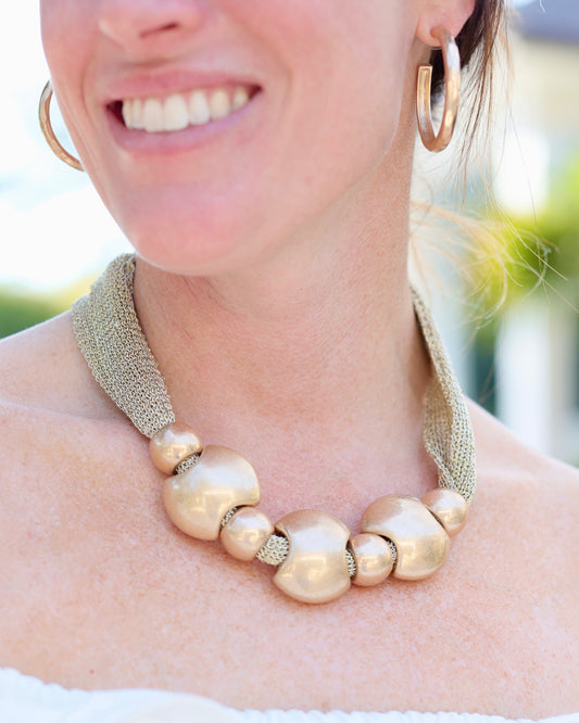 Woodstock Mesh Beaded Necklace Worn Gold
