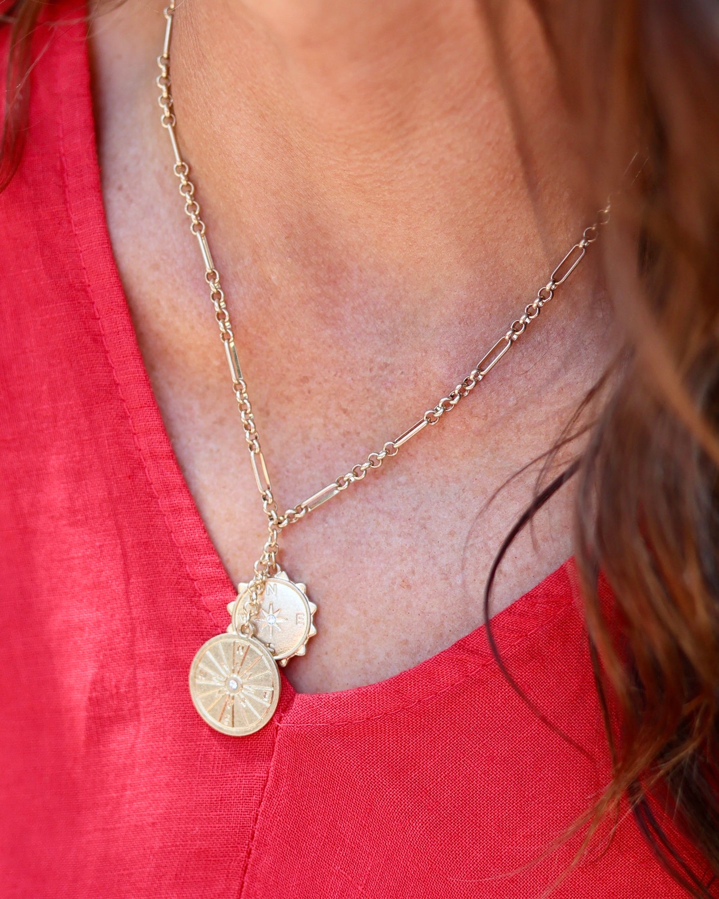 Charles Compass Coin Charm Necklace Worn Gold