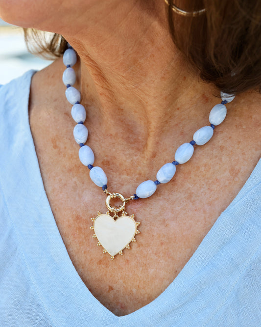 Marion Stone Necklace with Heart Charm Dusty Blue