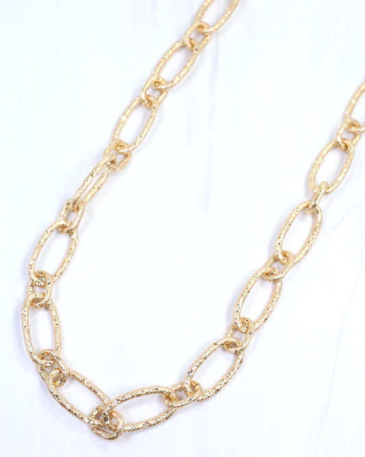 Aleah Hammered Oval Link Necklace Worn Gold