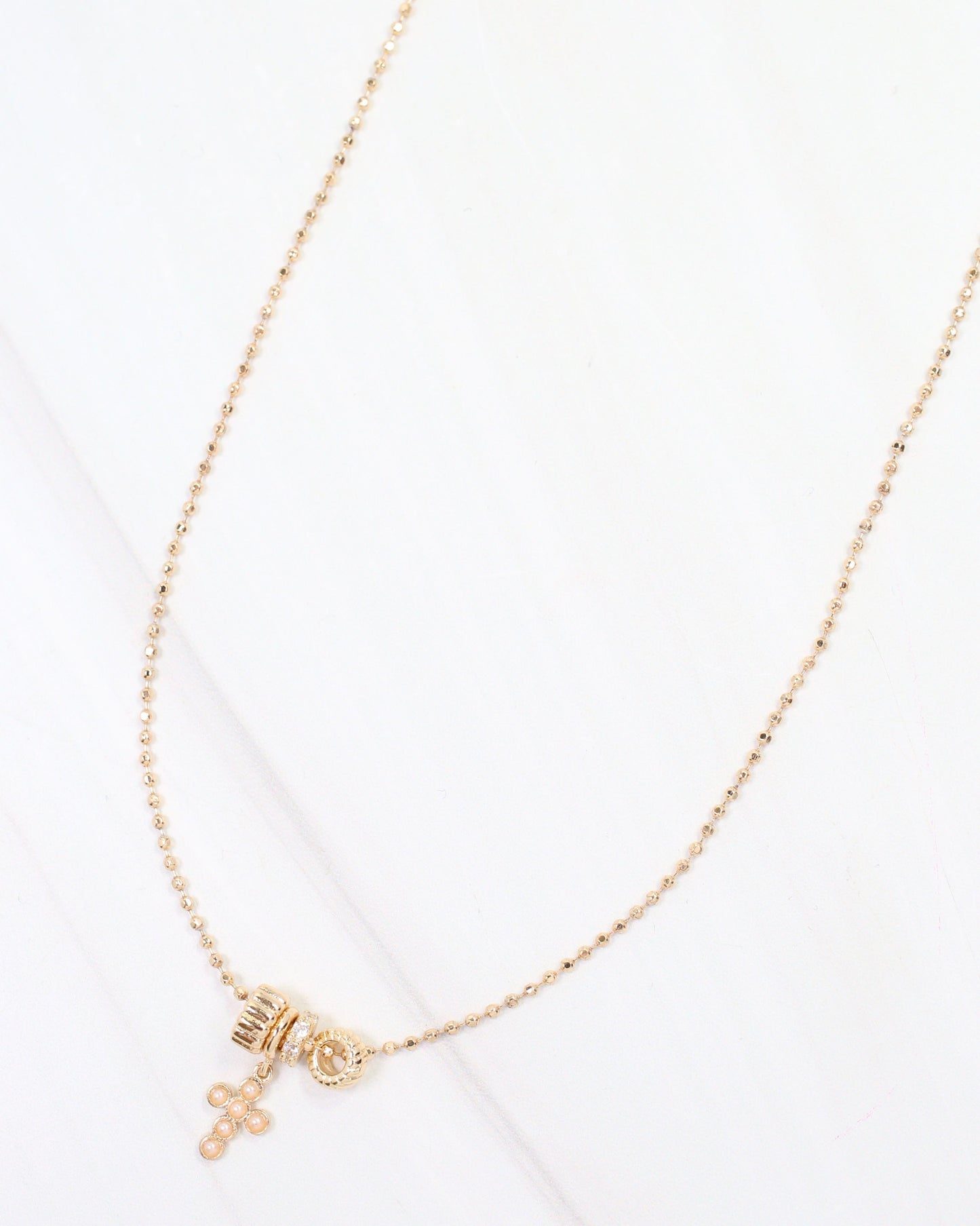 Nashua Rondelle Charm CZ Cross Necklace WR Gold