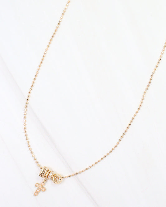 Nashua Rondelle Charm CZ Cross Necklace WR Gold