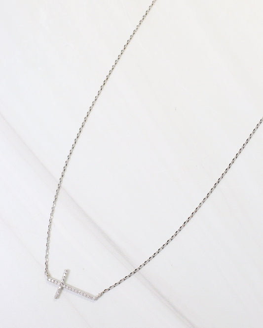 West Point CZ Side Cross Necklace Silver