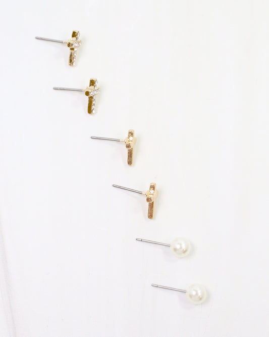 Saint Joseph Cross and Pearl Earring Set Gold